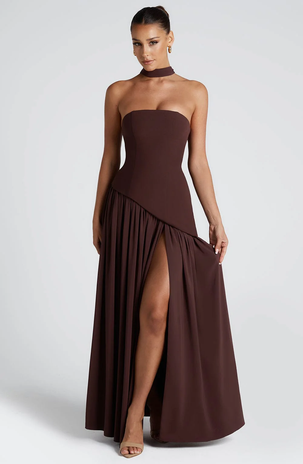 Women's strapless maxi gown with matching scarf