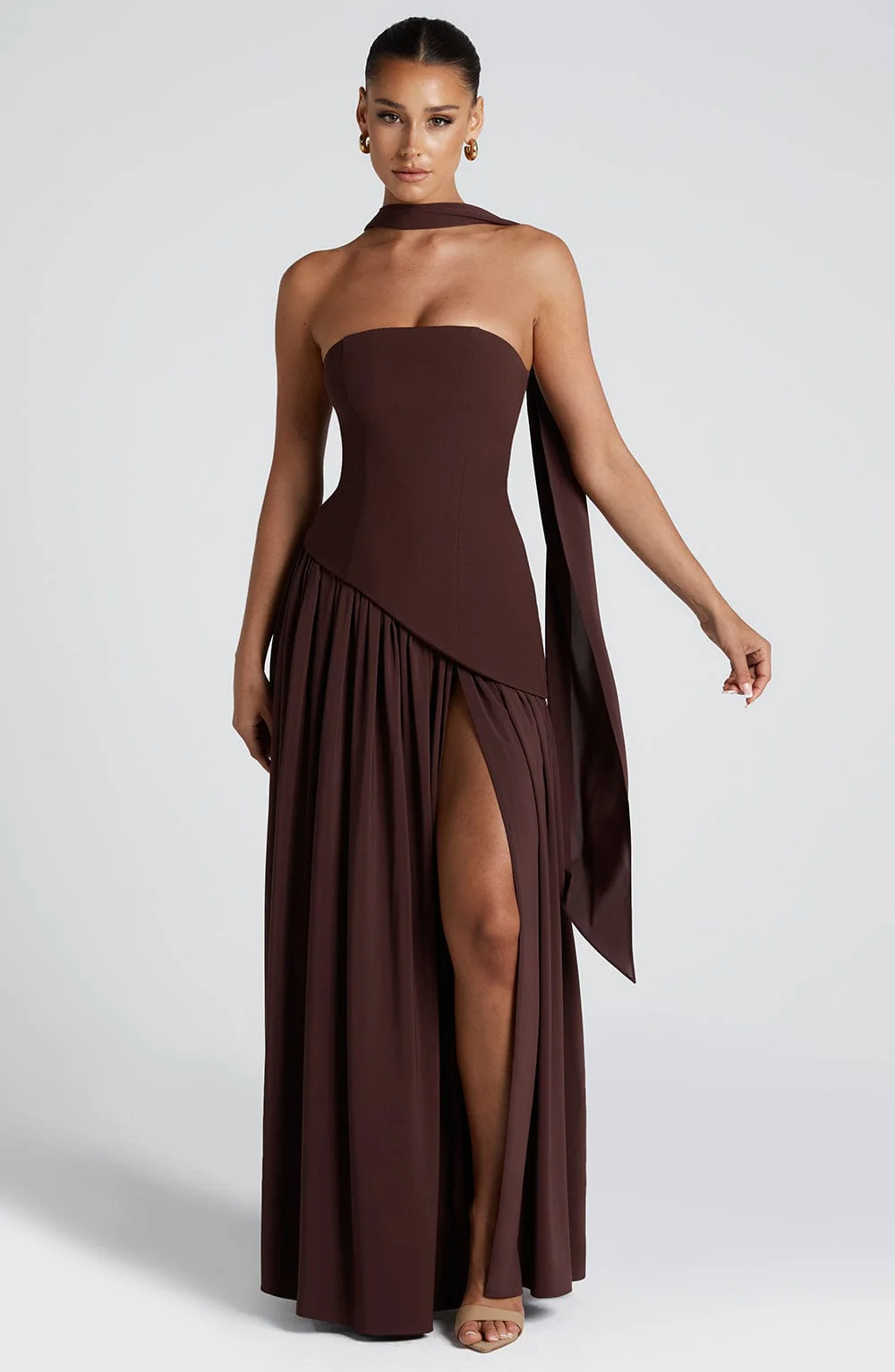 Women's strapless maxi gown with matching scarf