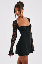 Women's long sleeve lace mini cocktail dress with tie front