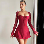 Women's long sleeve lace mini cocktail dress with tie front