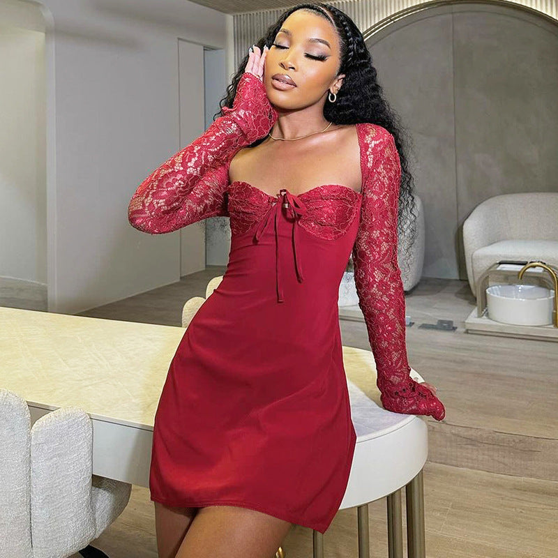 Women's long sleeve lace mini cocktail dress with tie front
