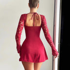 Women's long sleeve lace mini cocktail dress with tie front