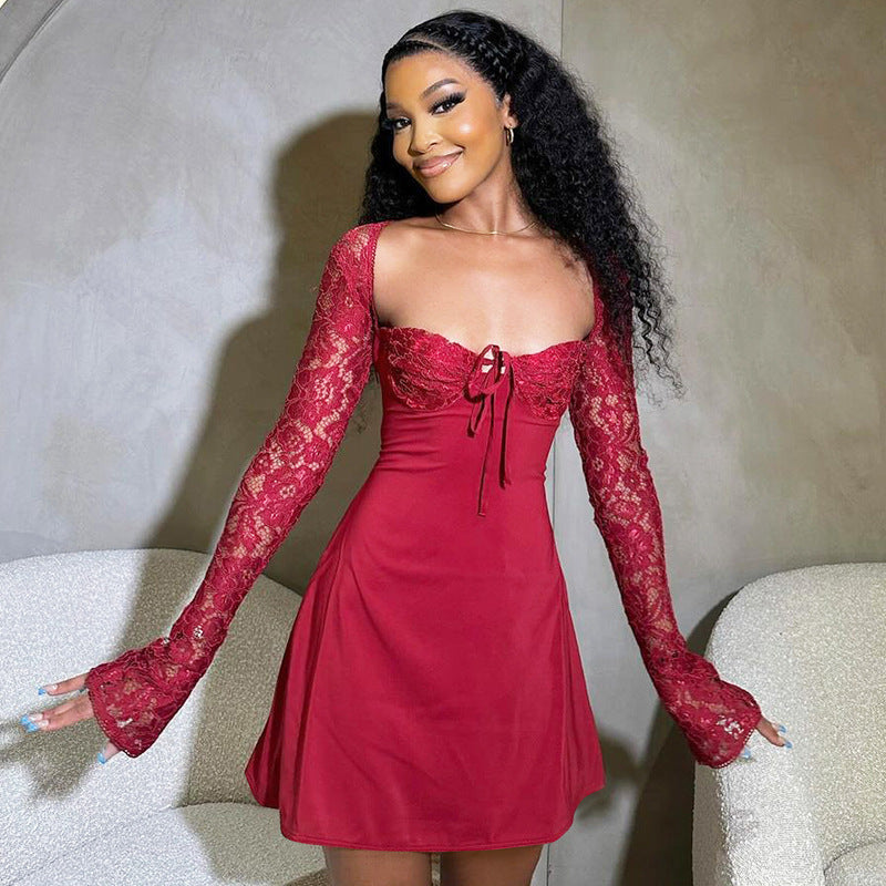 Women's long sleeve lace mini cocktail dress with tie front