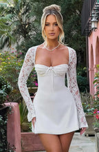 Women's long sleeve lace mini cocktail dress with tie front