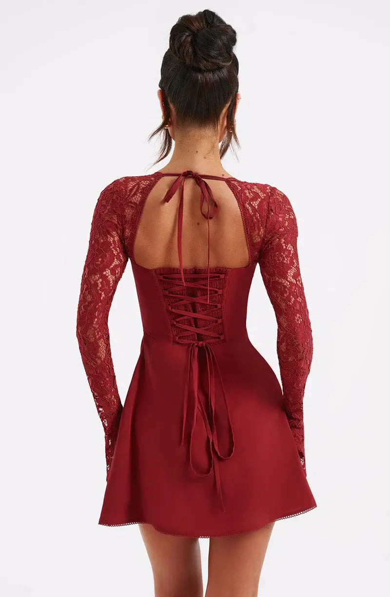 Women's long sleeve lace mini cocktail dress with tie front