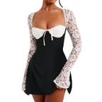 Women's long sleeve lace mini cocktail dress with tie front