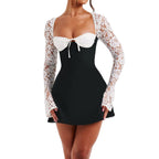 Women's long sleeve lace mini cocktail dress with tie front