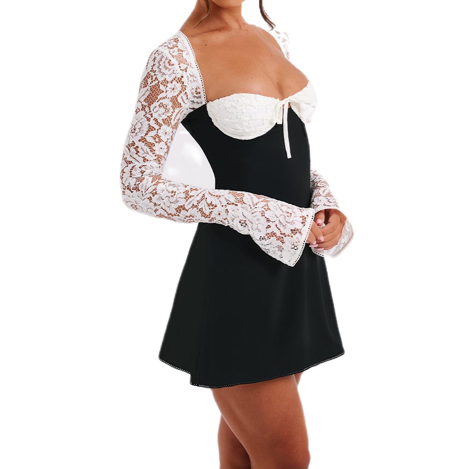 Women's long sleeve lace mini cocktail dress with tie front