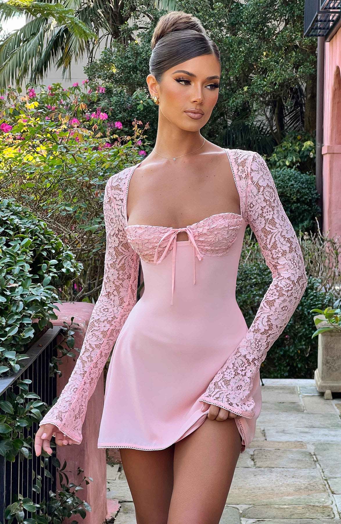 Women's long sleeve lace mini cocktail dress with tie front