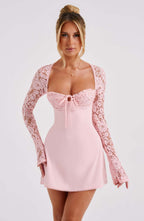 Women's long sleeve lace mini cocktail dress with tie front