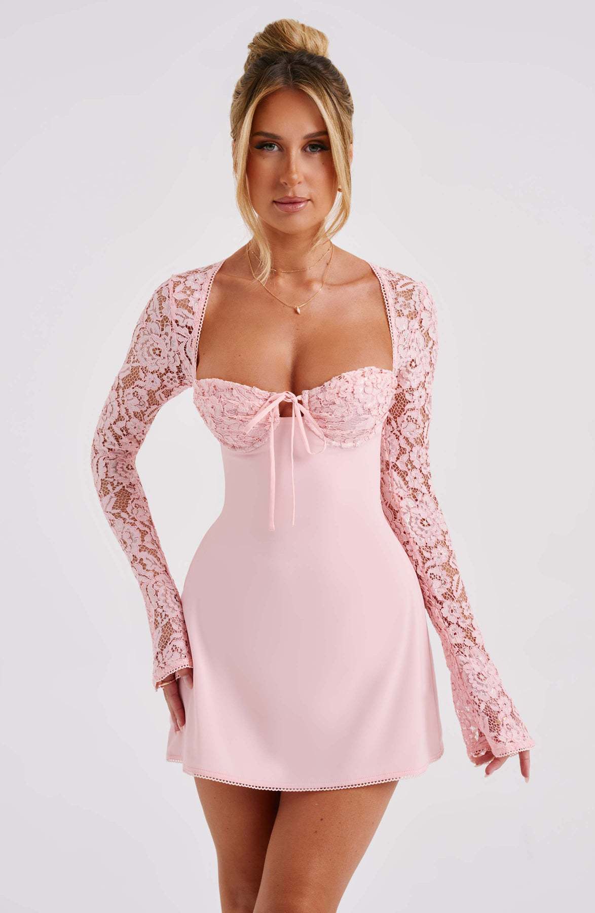 Women's long sleeve lace mini cocktail dress with tie front