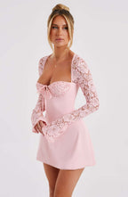 Women's long sleeve lace mini cocktail dress with tie front