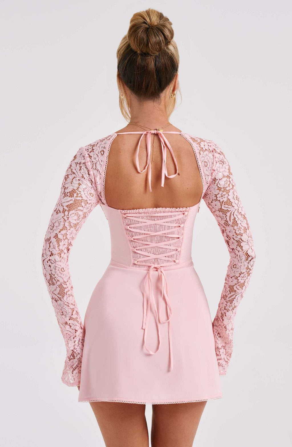 Women's long sleeve lace mini cocktail dress with tie front