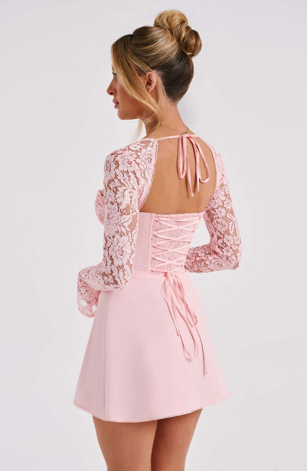 Women's long sleeve lace mini cocktail dress with tie front