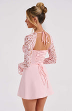 Women's long sleeve lace mini cocktail dress with tie front