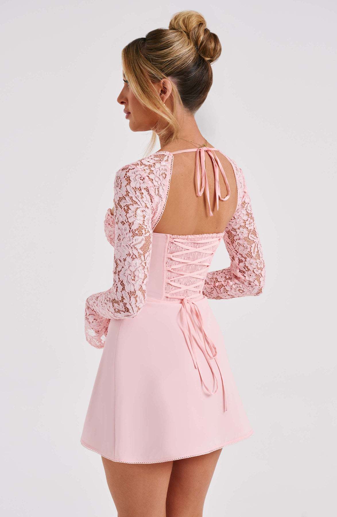 Women's long sleeve lace mini cocktail dress with tie front