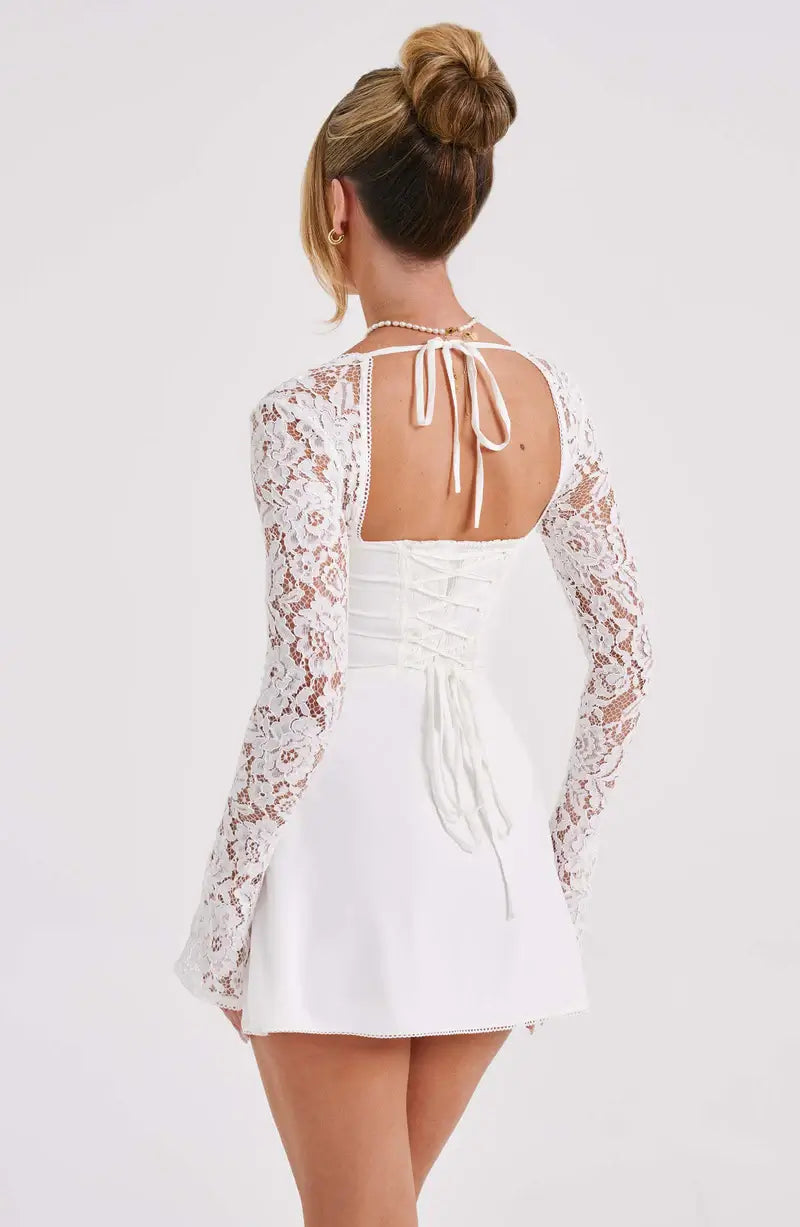 Women's long sleeve lace mini cocktail dress with tie front