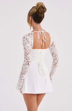 Women's long sleeve lace mini cocktail dress with tie front