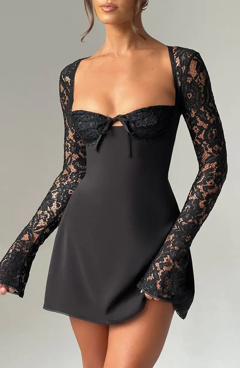 Women's long sleeve lace mini cocktail dress with tie front