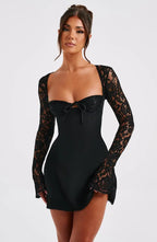 Women's long sleeve lace mini cocktail dress with tie front