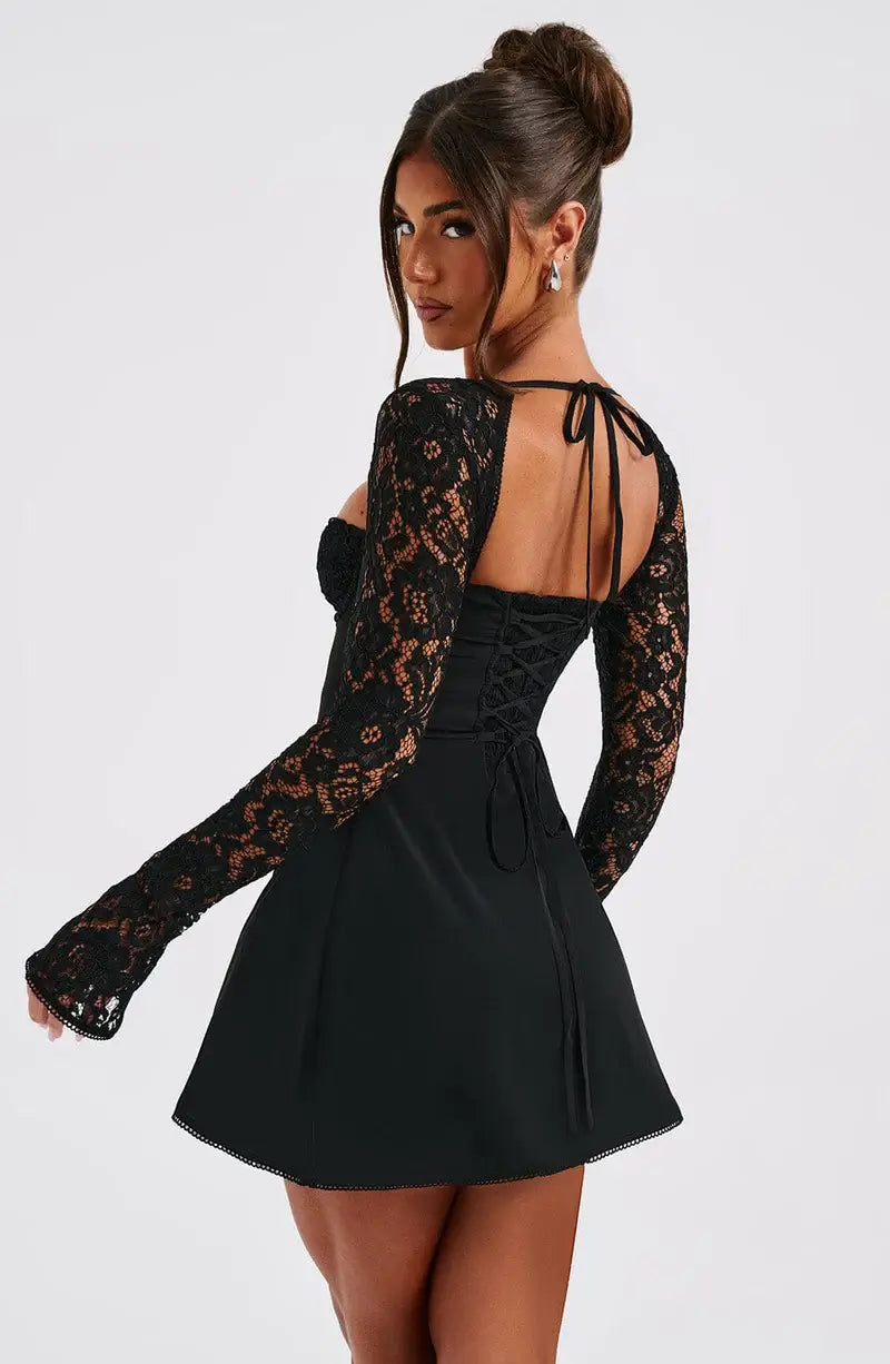 Women's long sleeve lace mini cocktail dress with tie front