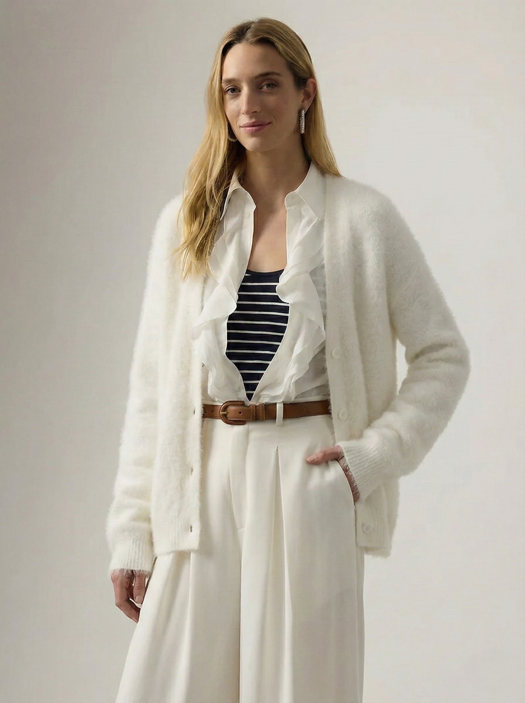Women's open-front cardigan with long sleeves and ribbed trim