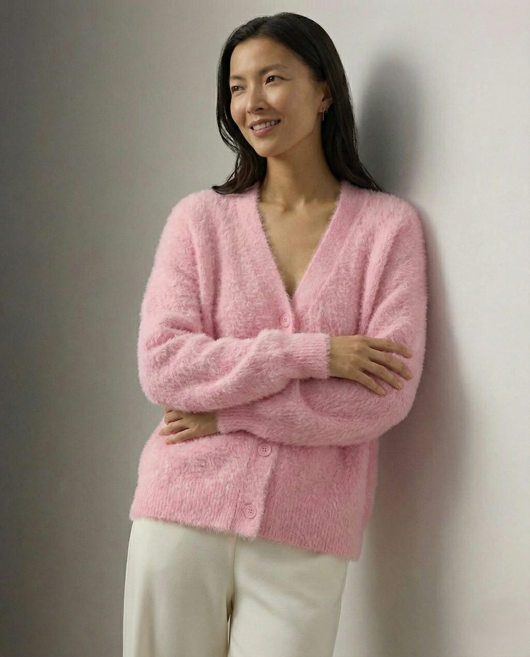 Women's open-front cardigan with long sleeves and ribbed trim