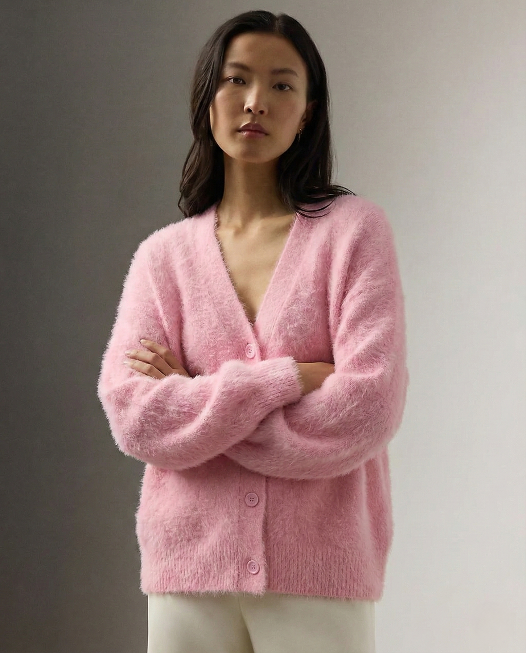 Women's open-front cardigan with long sleeves and ribbed trim