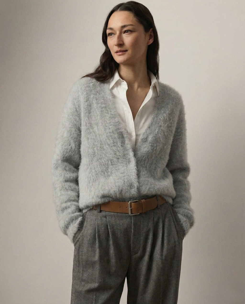 Women's open-front cardigan with long sleeves and ribbed trim