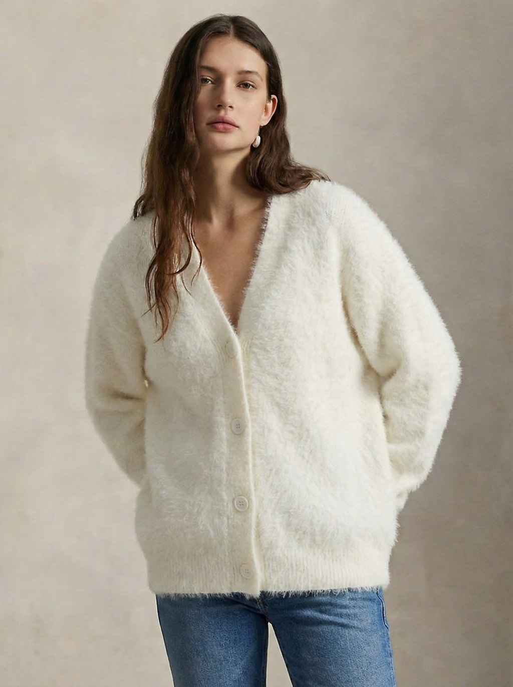 Women's open-front cardigan with long sleeves and ribbed trim