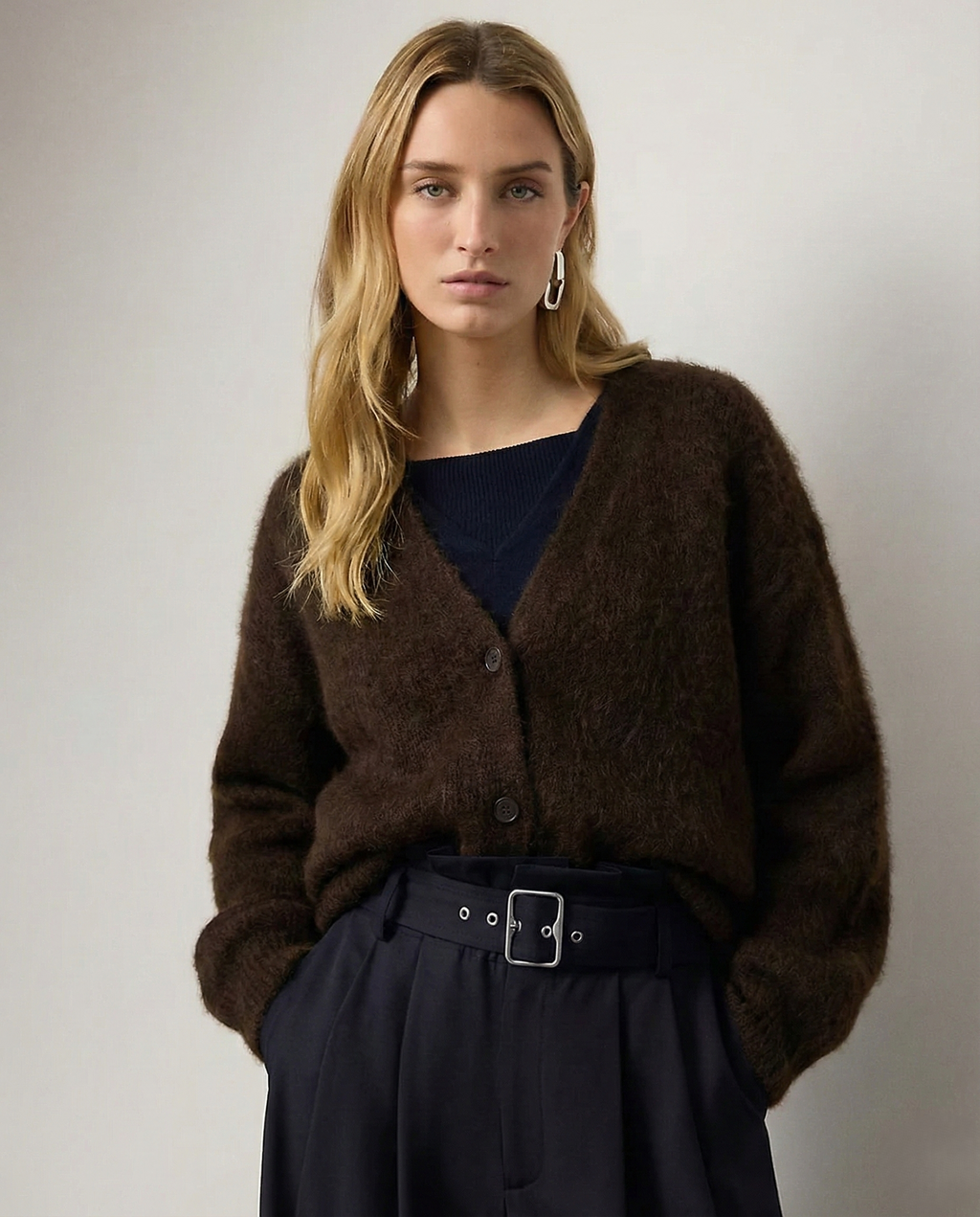Women's open-front cardigan with long sleeves and ribbed trim