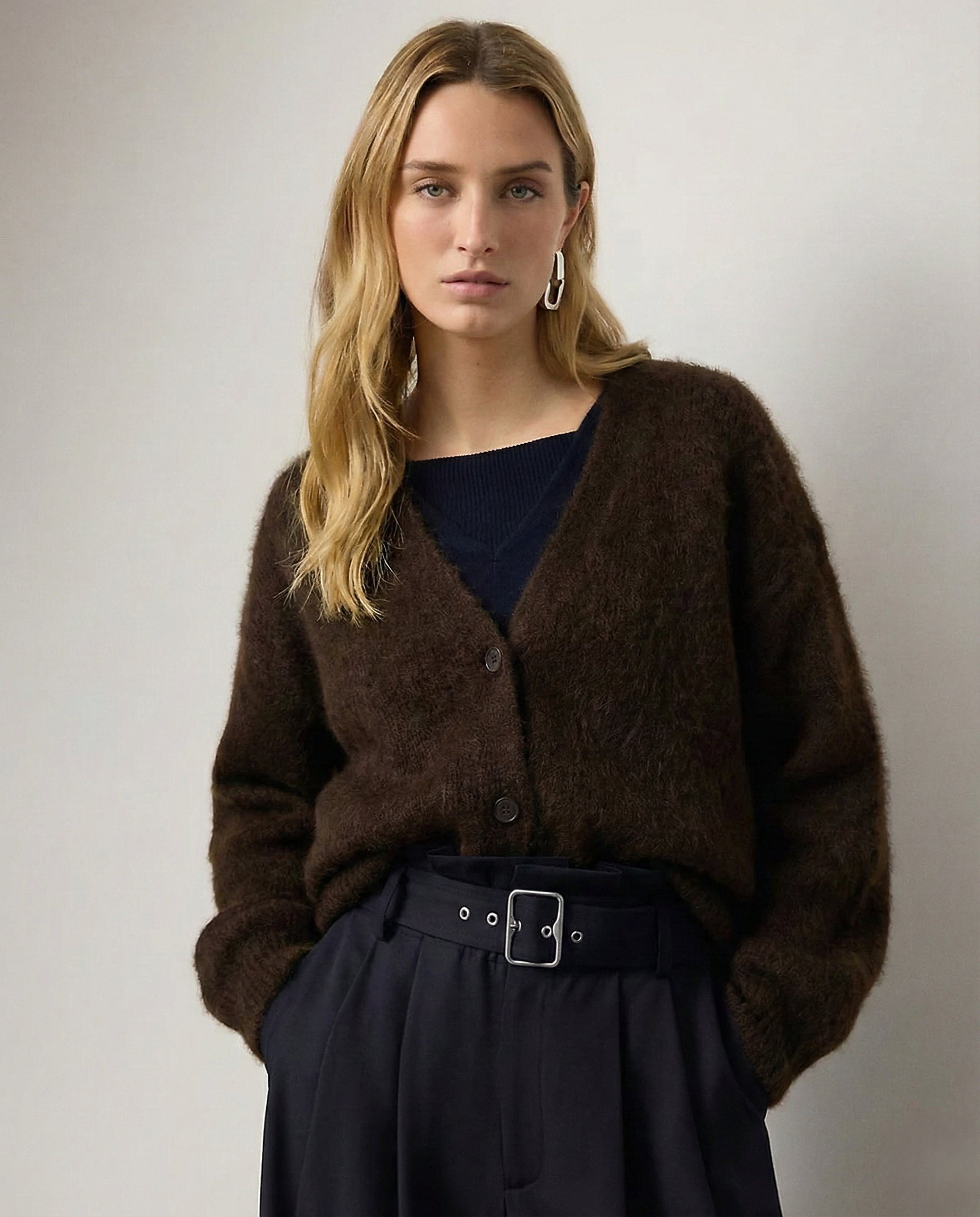 Women's open-front cardigan with long sleeves and ribbed trim