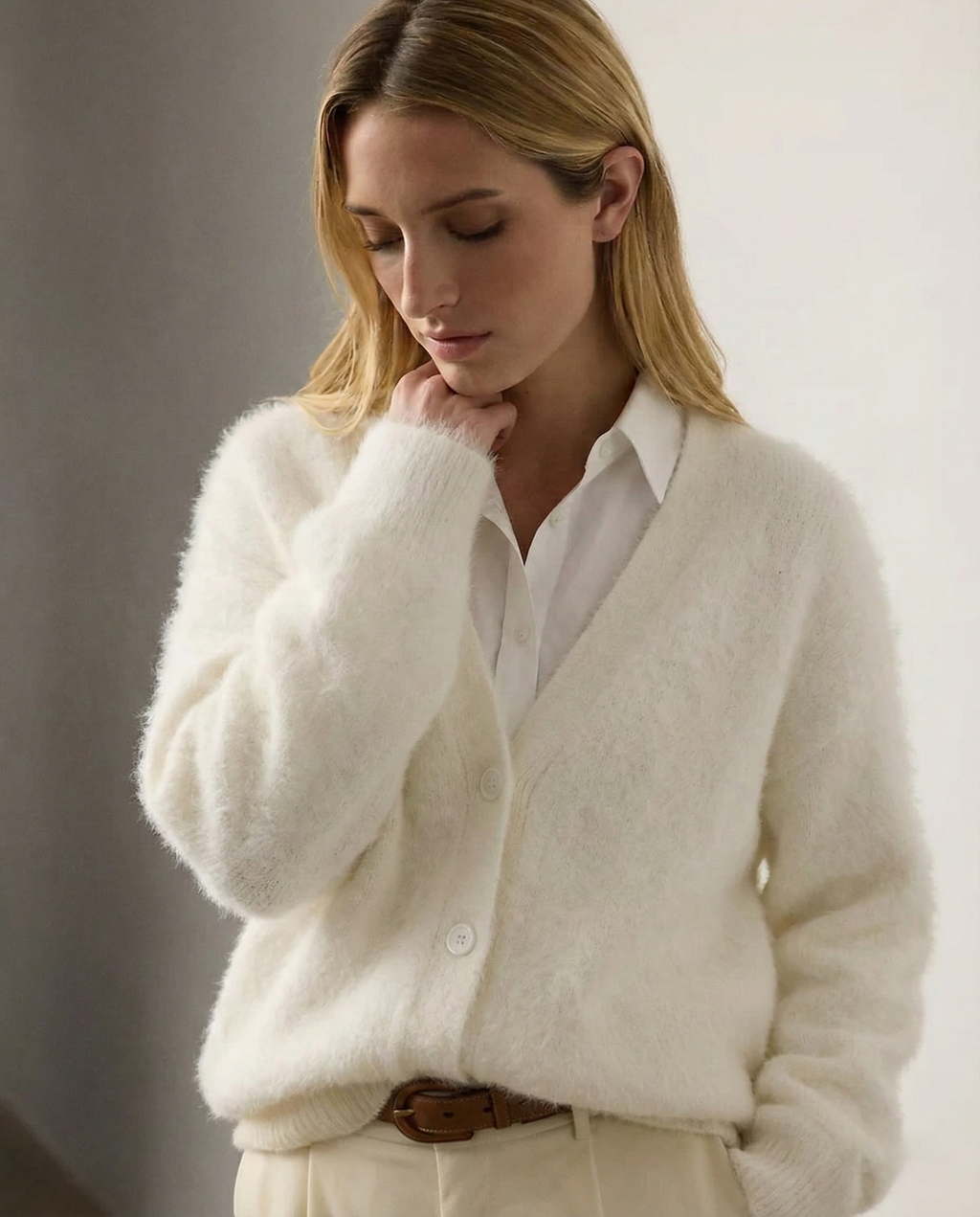 Women's open-front cardigan with long sleeves and ribbed trim