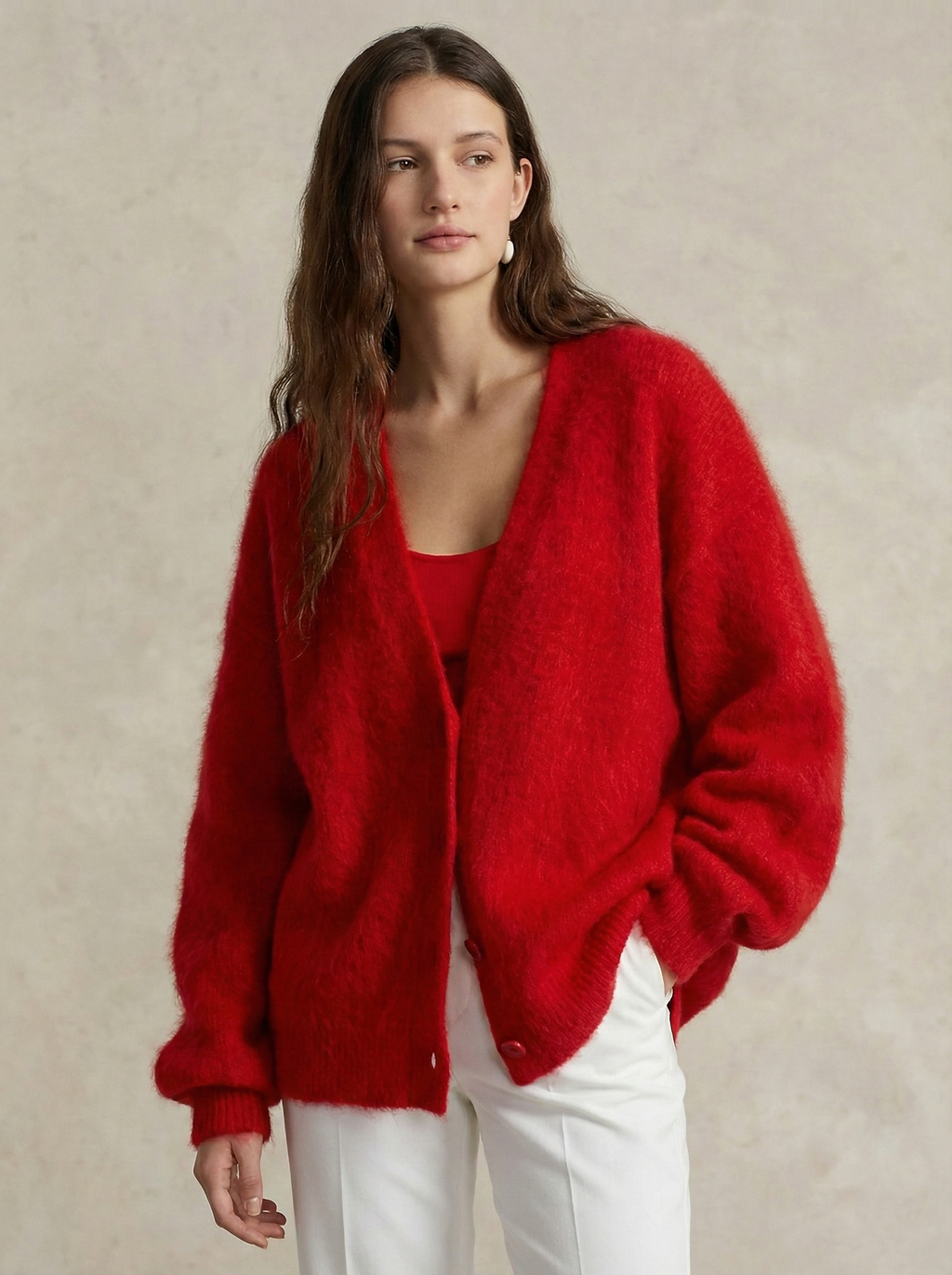 Women's open-front cardigan with long sleeves and ribbed trim