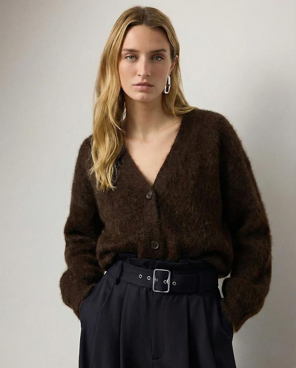 Women's open-front cardigan with long sleeves and ribbed trim