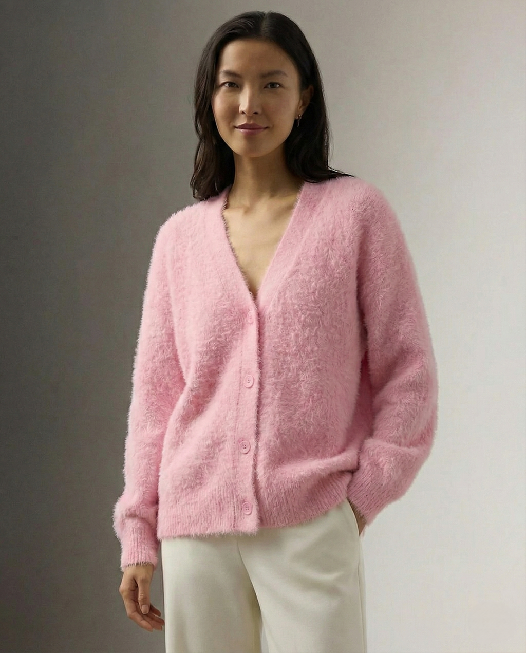 Women's open-front cardigan with long sleeves and ribbed trim
