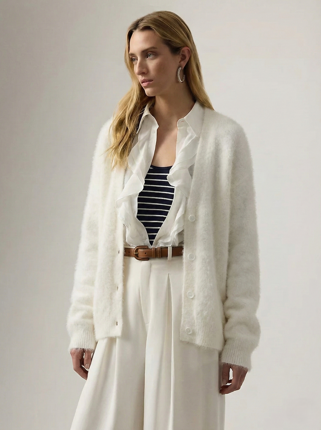 Women's open-front cardigan with long sleeves and ribbed trim