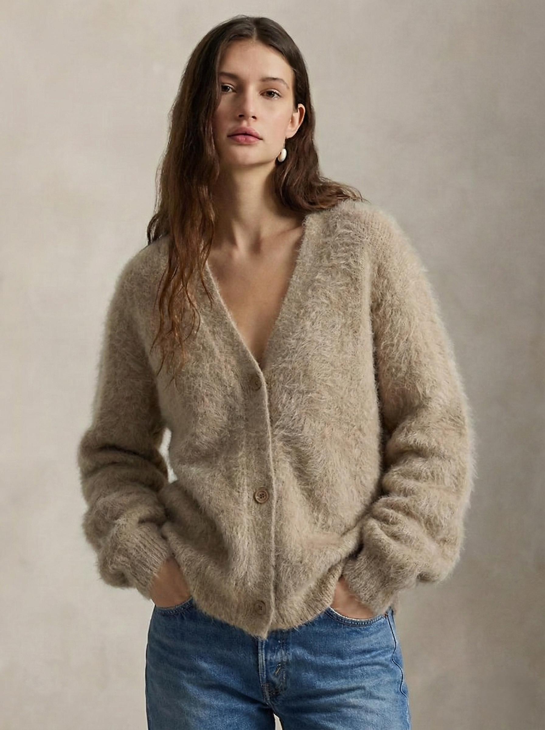 Women's open-front cardigan with long sleeves and ribbed trim