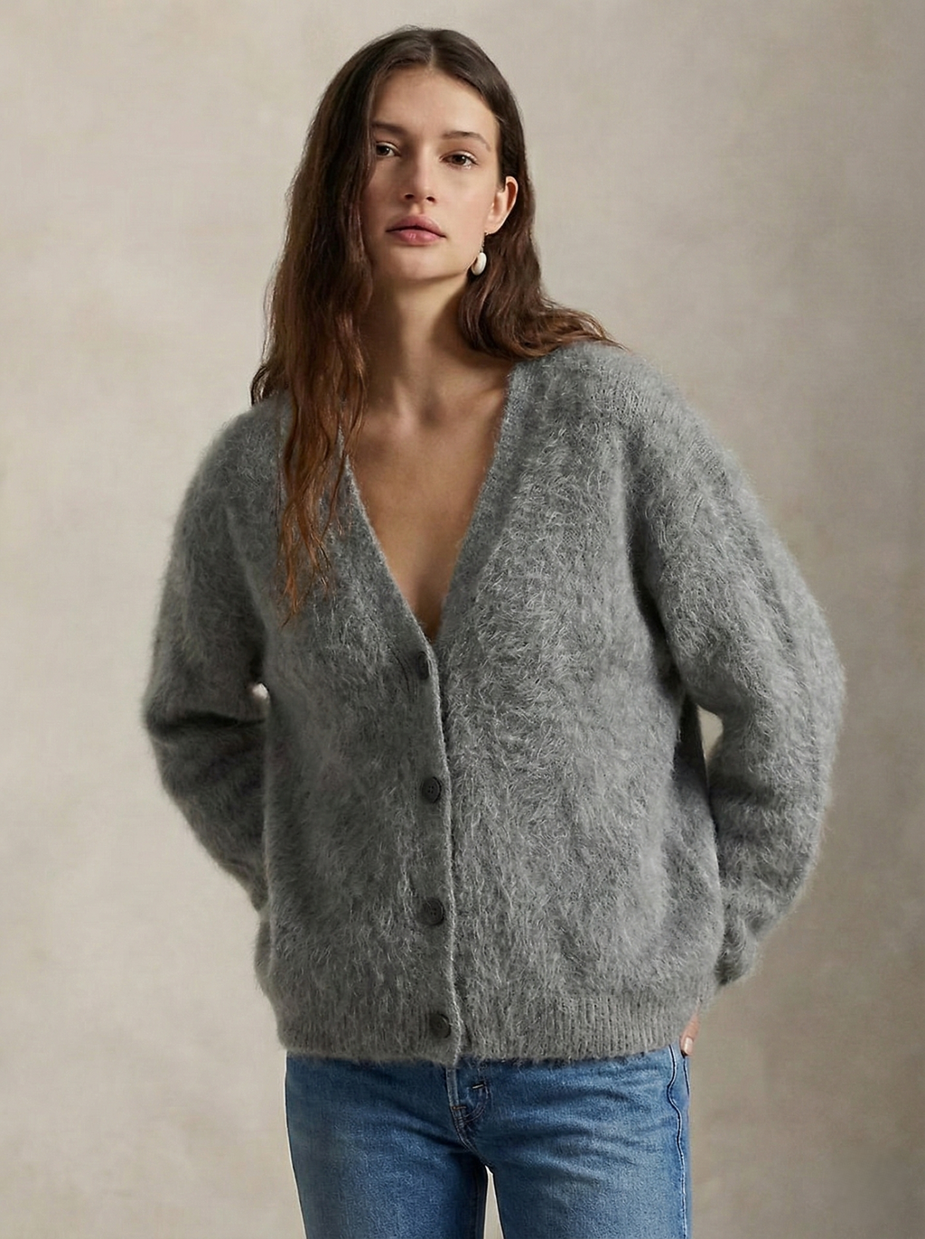 Women's open-front cardigan with long sleeves and ribbed trim