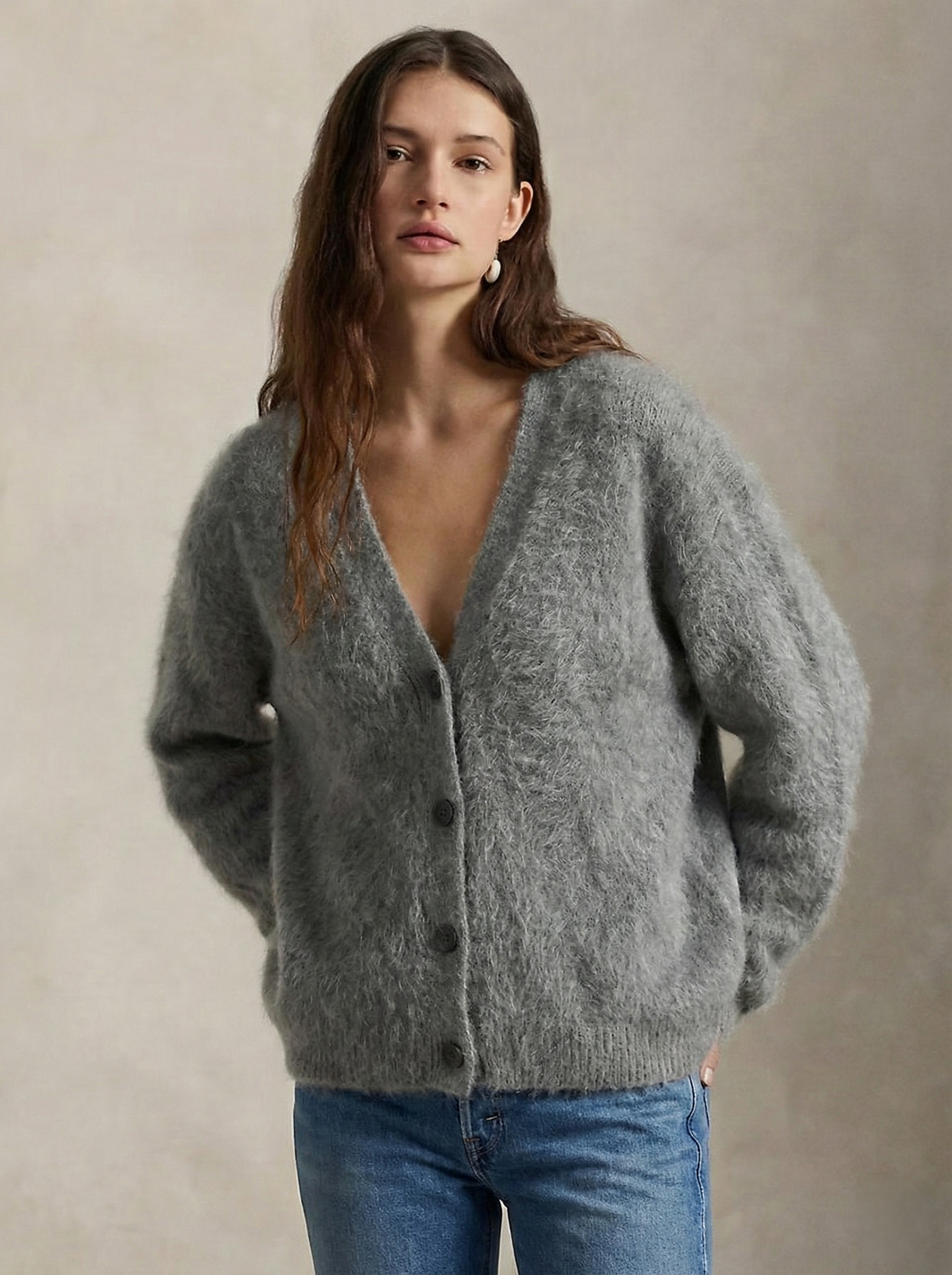 Women's open-front cardigan with long sleeves and ribbed trim