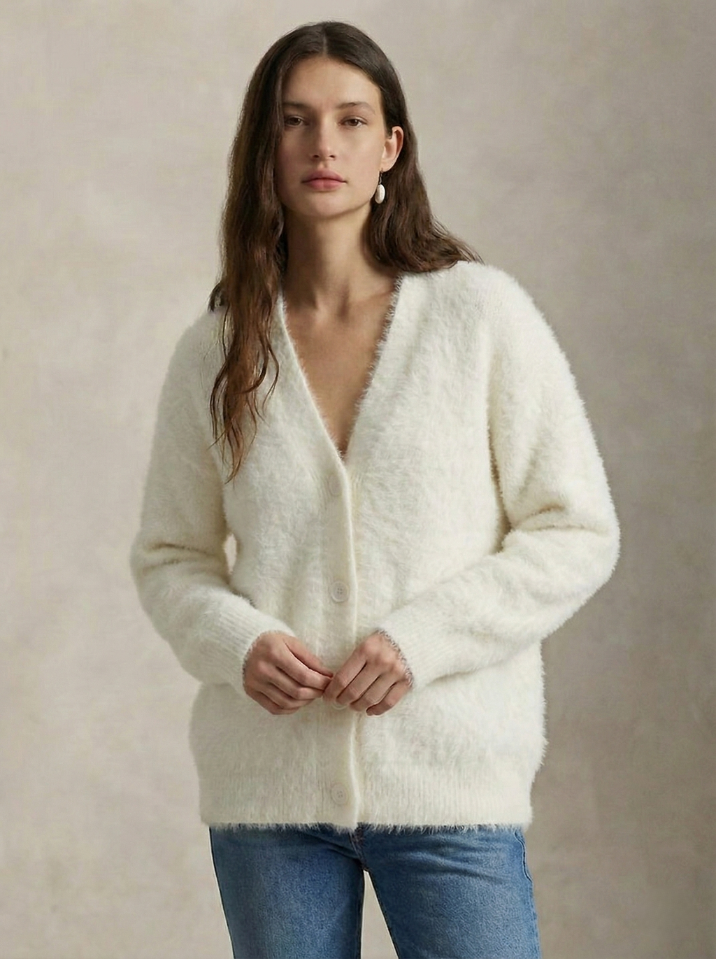 Women's open-front cardigan with long sleeves and ribbed trim