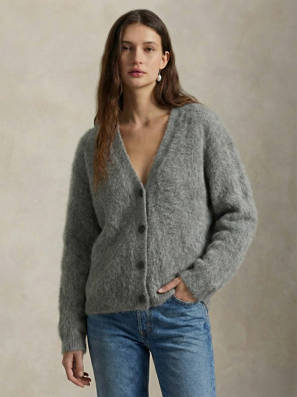 Women's open-front cardigan with long sleeves and ribbed trim