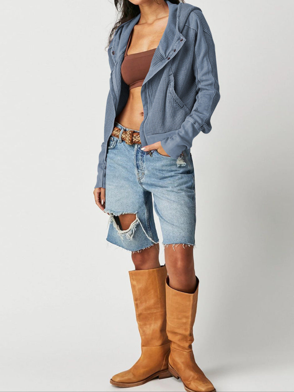 Women's waffle-knit hoodie with drawstring hood
