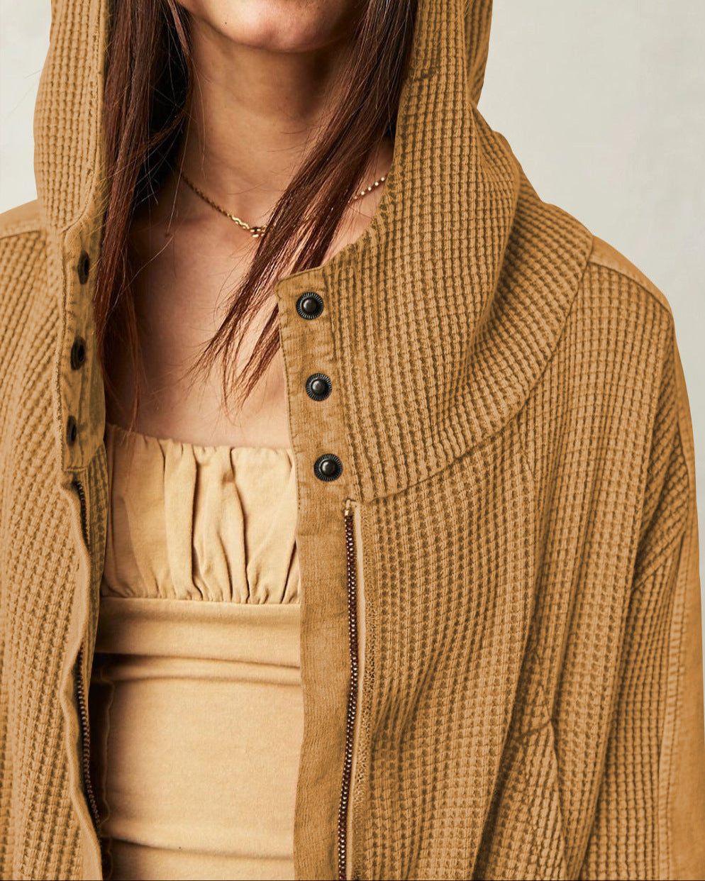 Women's waffle-knit hoodie with drawstring hood