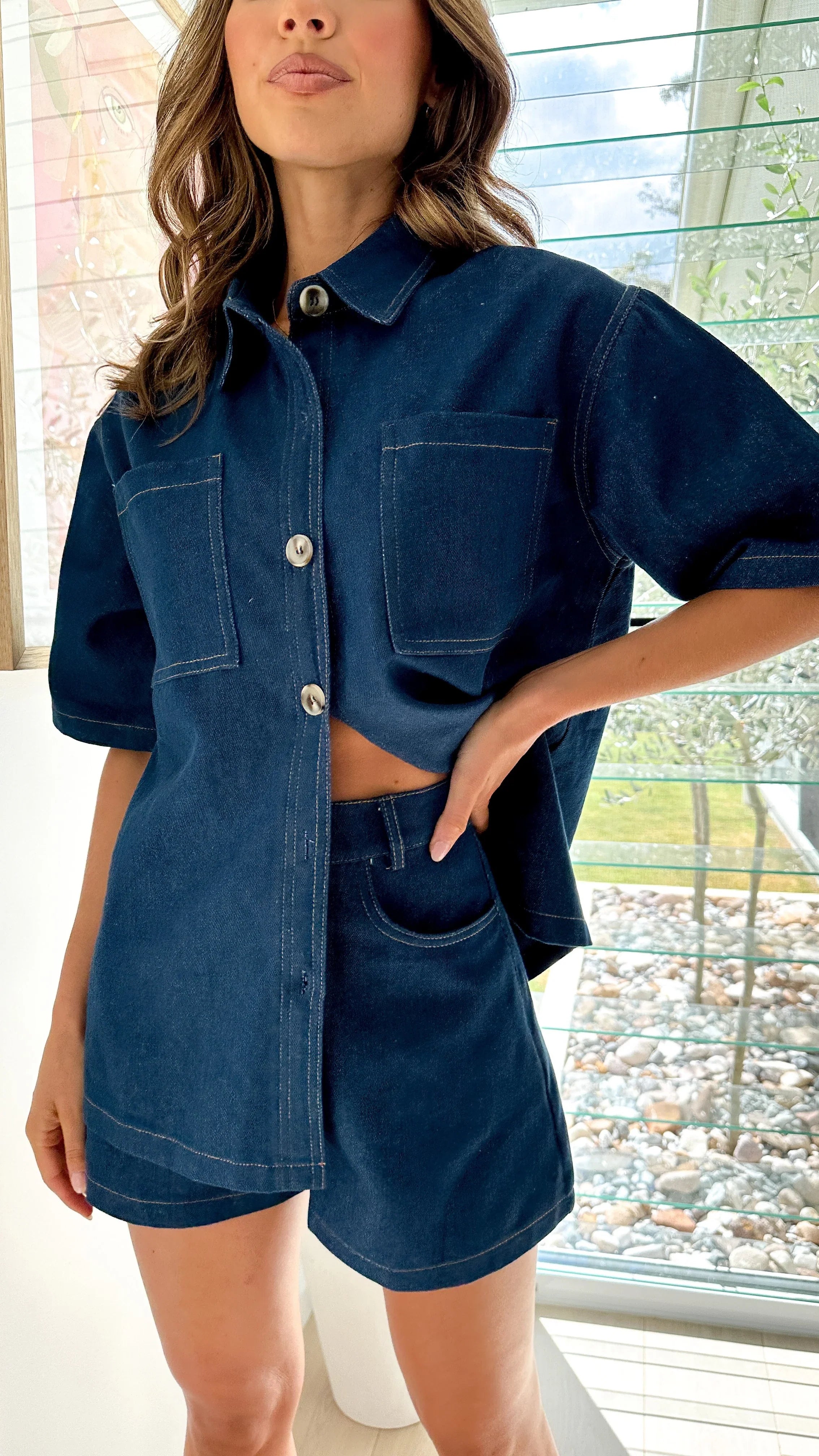 Women's denim oversized shirt and shorts summer set