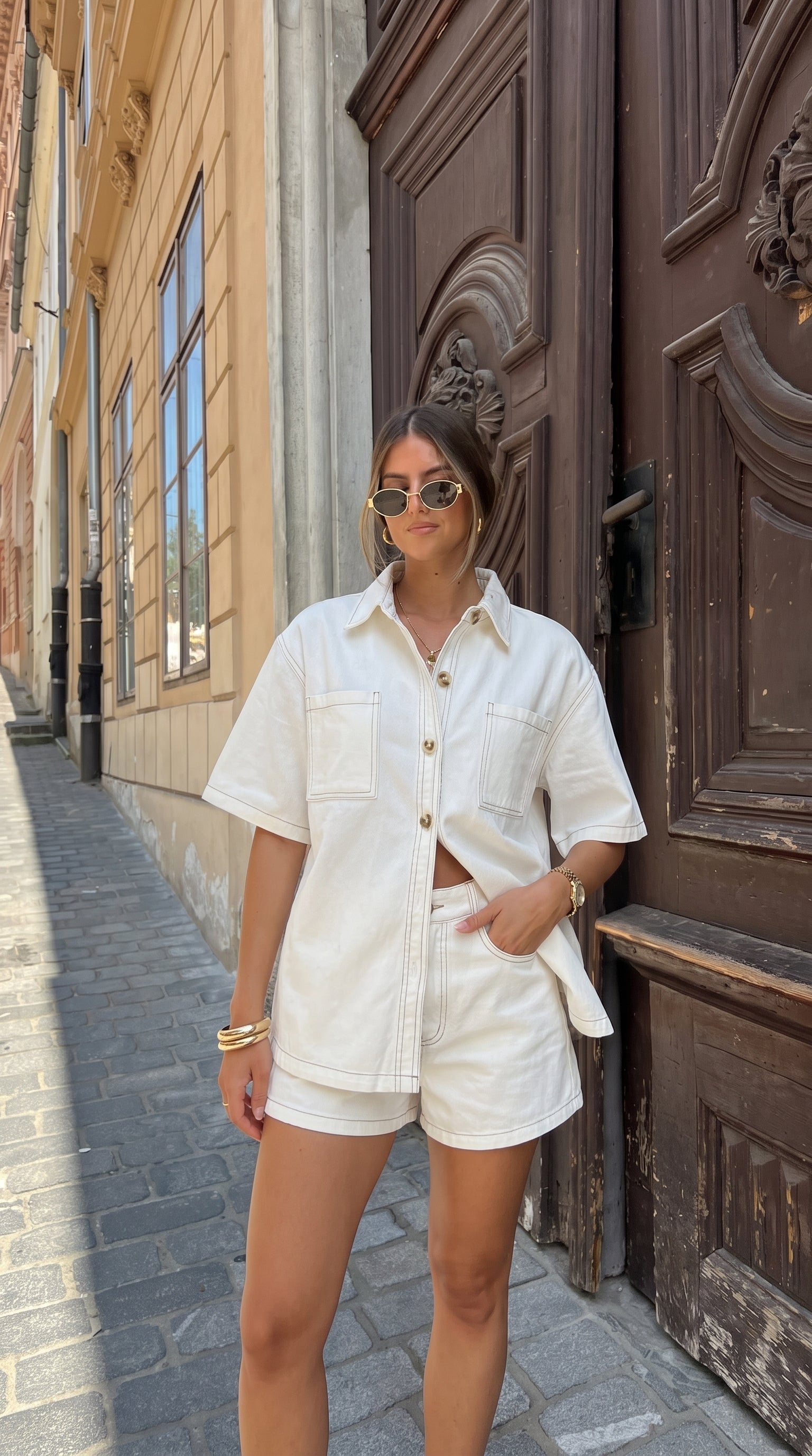 Women's denim oversized shirt and shorts summer set