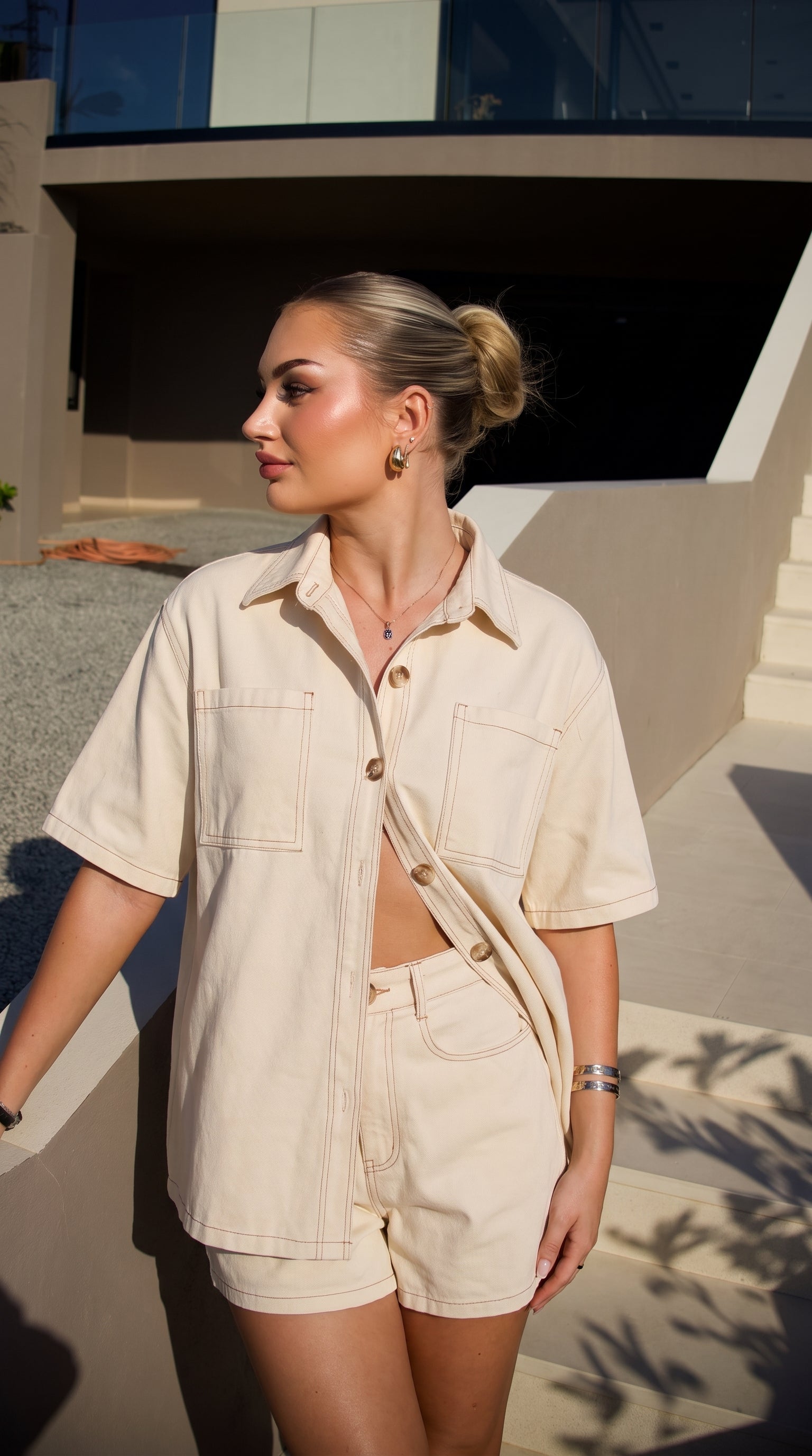Women's denim oversized shirt and shorts summer set