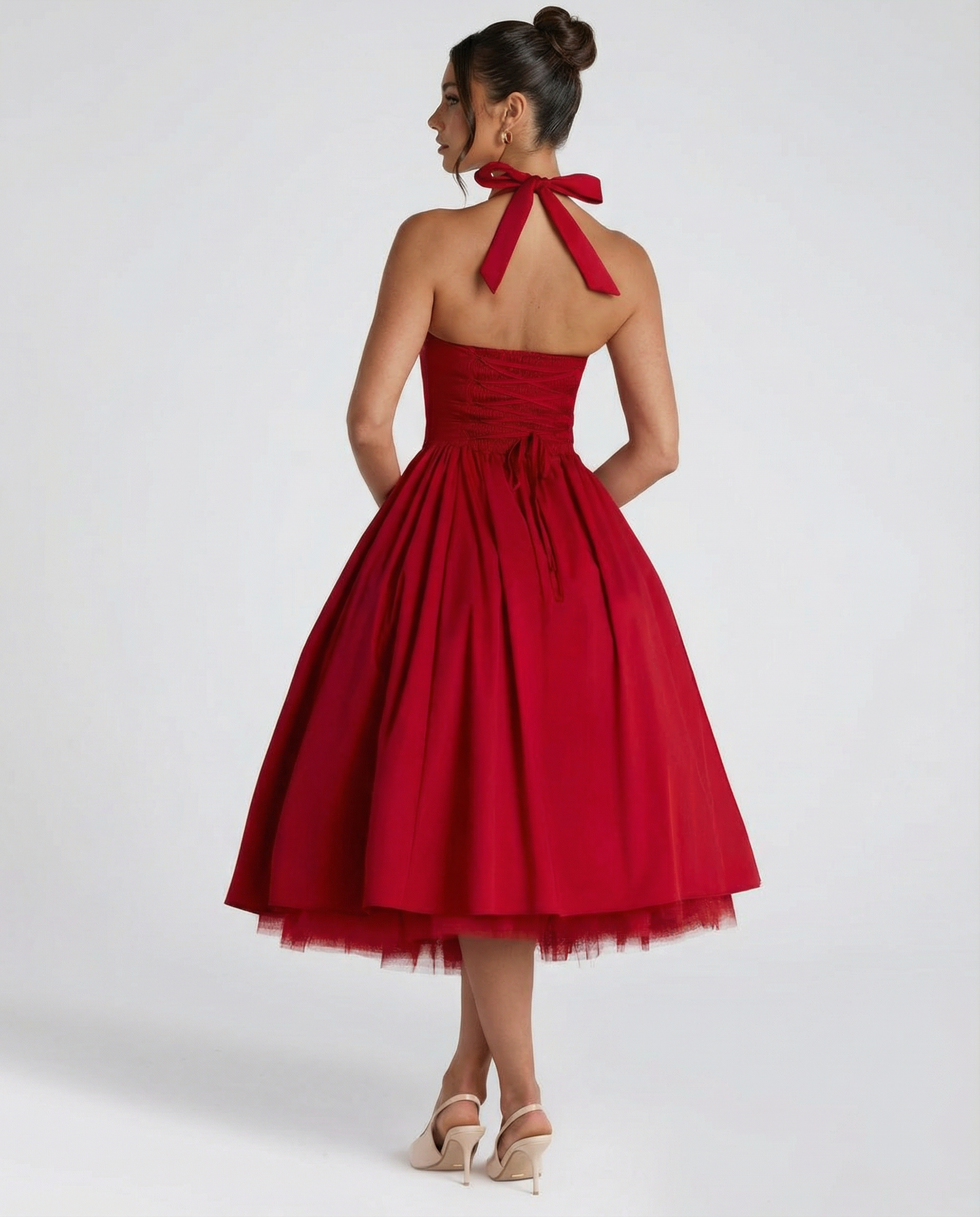 Women's midi halter neck dress with lace-up back