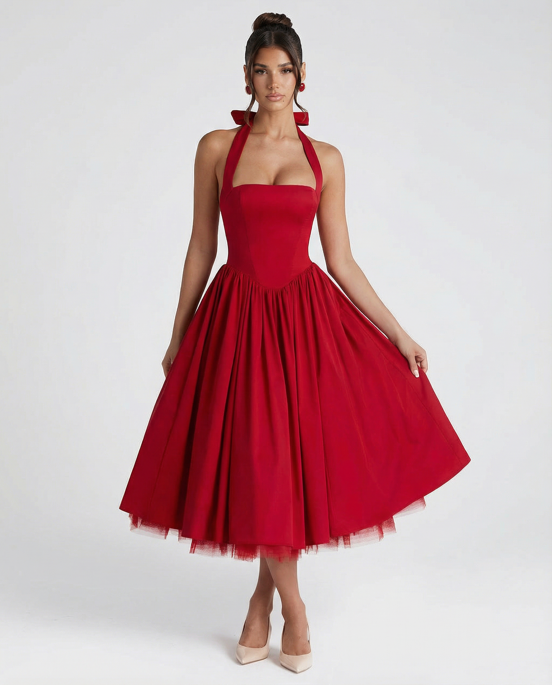 Women's midi halter neck dress with lace-up back