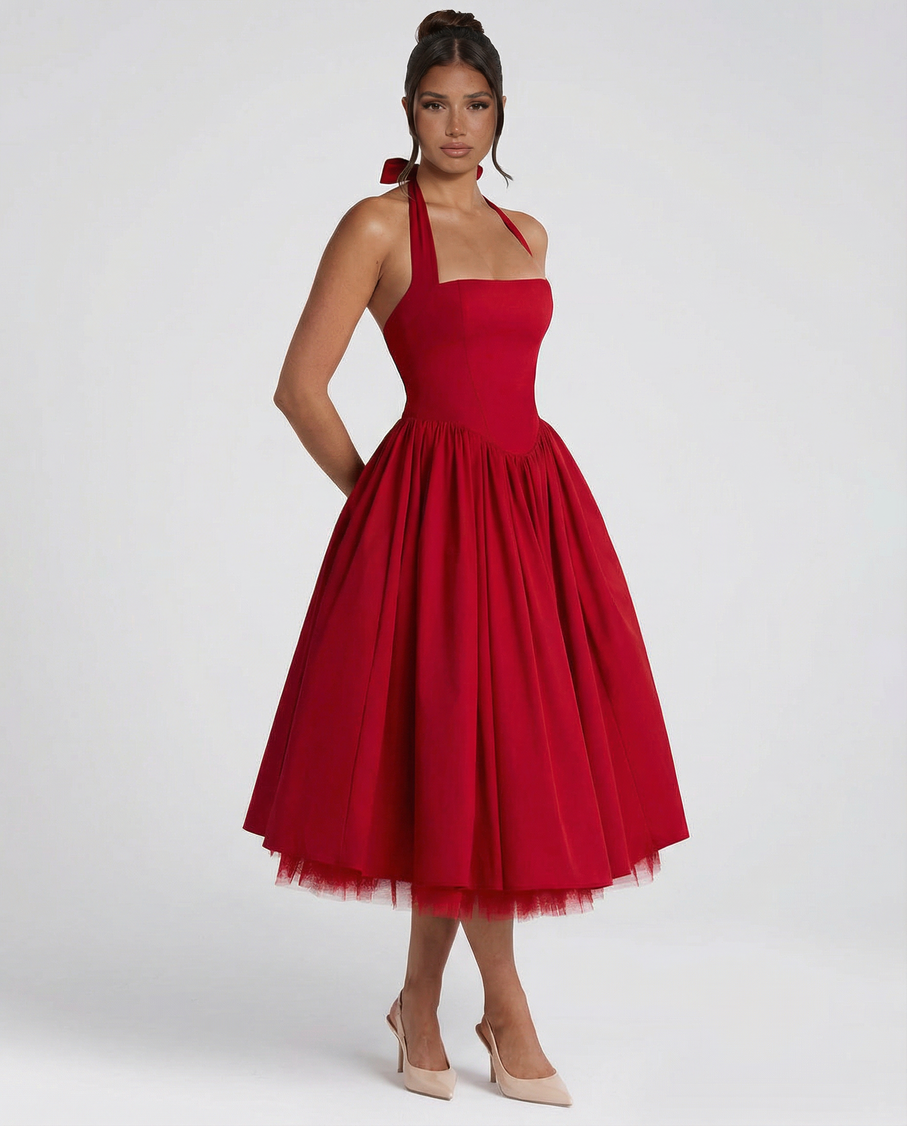 Women's midi halter neck dress with lace-up back
